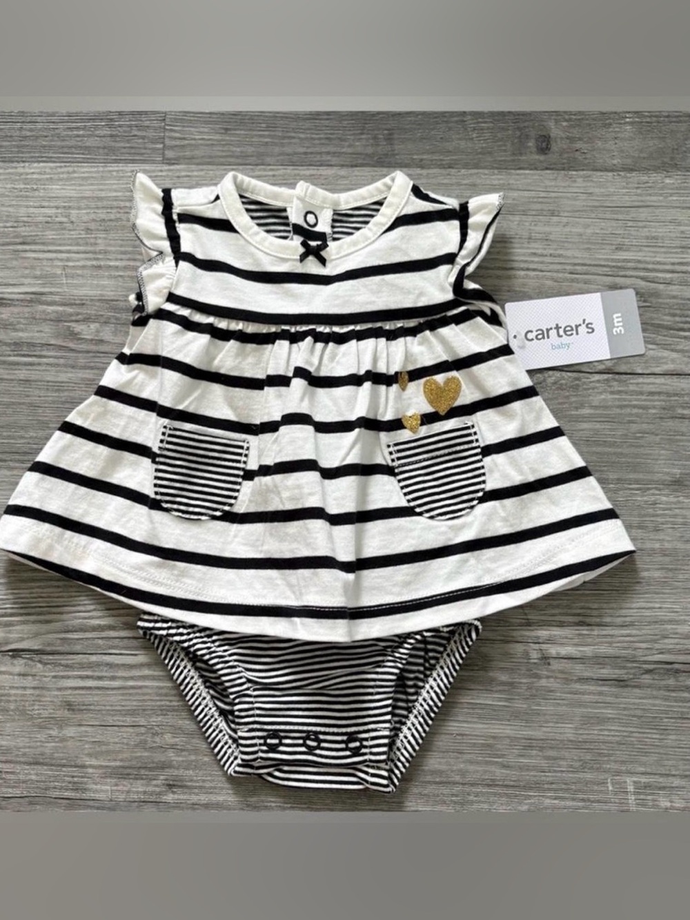 Carter's 3m Black & White Striped Dress with Gold Heart Accents (one piece) NWT